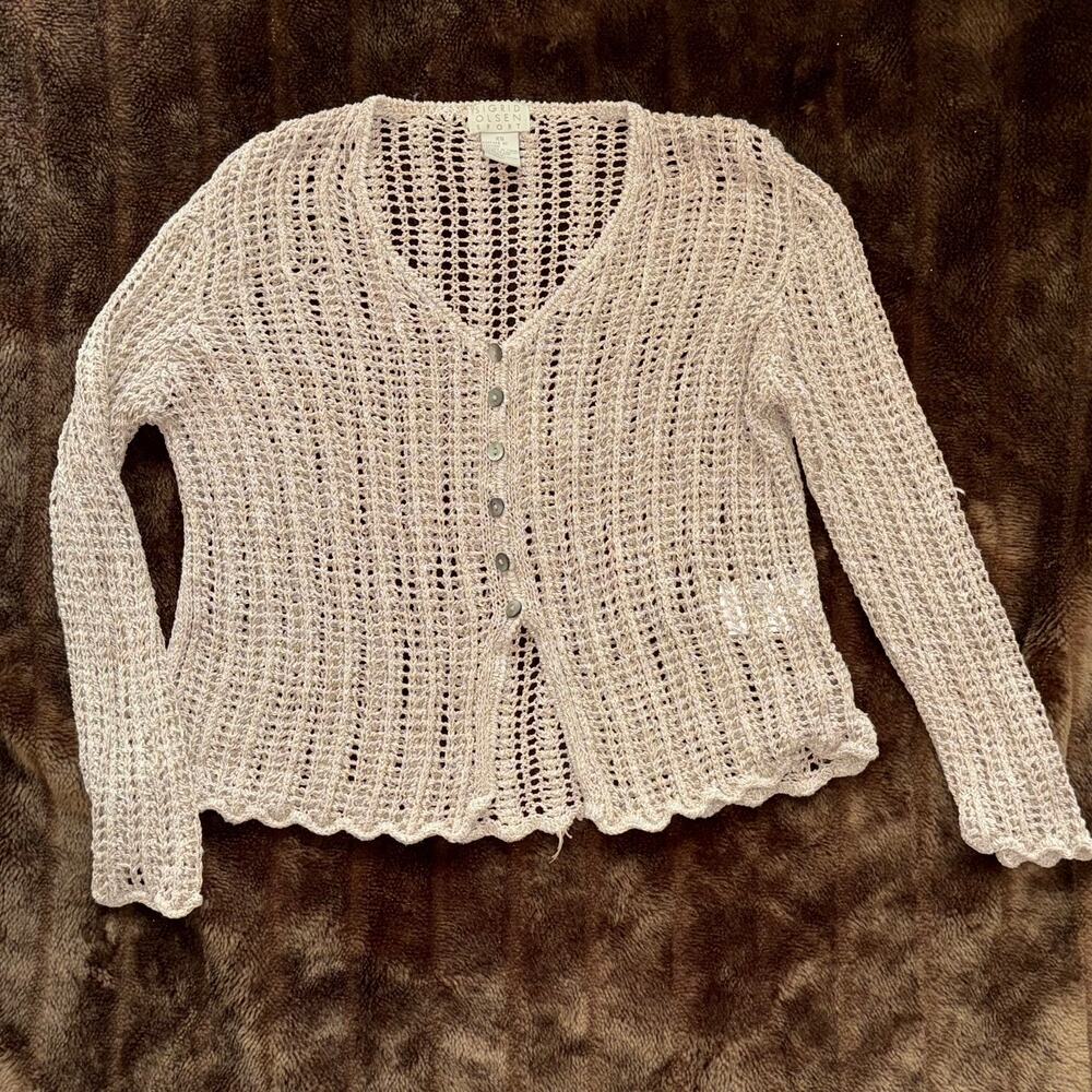 Sigrid Olsen XS Oatmeal Open-Stitch Crochet Cardigan Sweater MOP Buttons‎